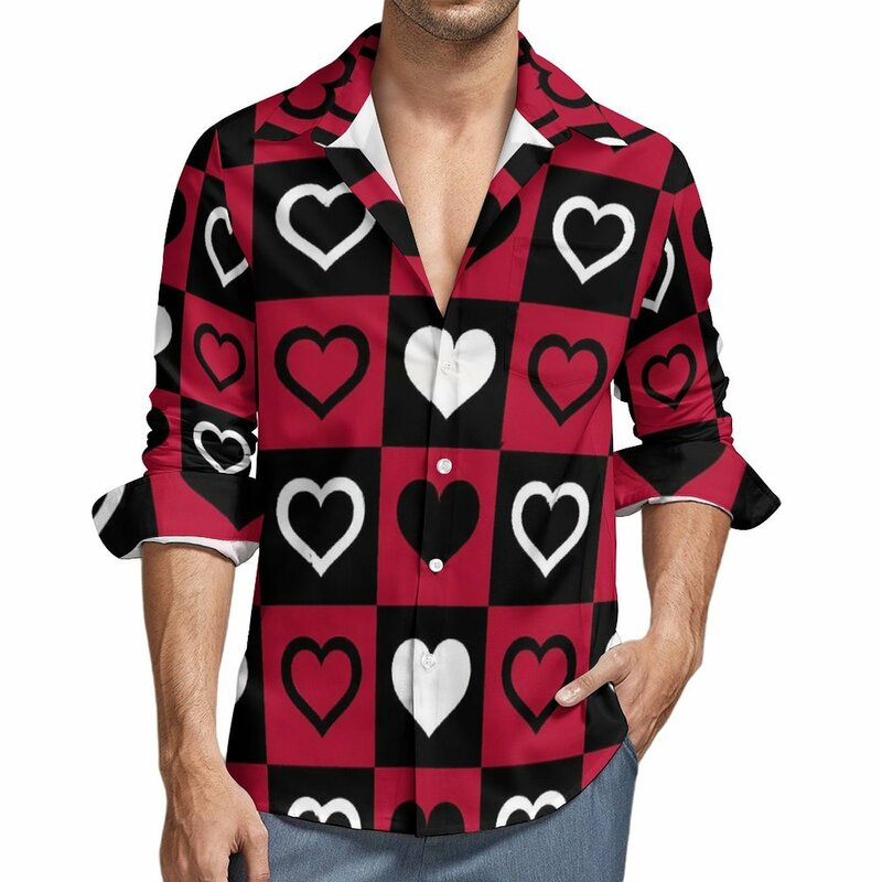 Red And Black Check Print Casual Shirt Men Heart Harajuku Shirt Autumn Elegant Blouse Long Sleeve Design Oversized Clothes
