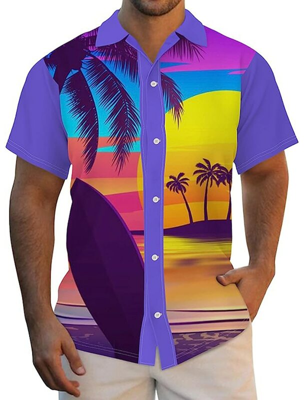 Camisa havaiana masculina com estampas gráficas, Palmeira, manga curta, abotoar, Roupa de rua, verão, cama de cama