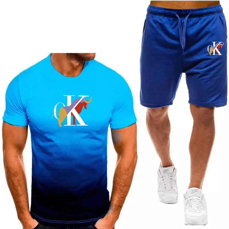 New 2024 men's sports and leisure printed shorts set, quick drying and breathable sports set, short sleeved T-shirt, running set