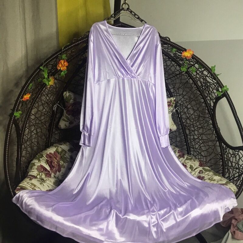 Błyszcząca seksowna damska sukienka satynowy dekolt z długim rękawem luźna sukienka wieczorowa Plus rozmiar szlafrok do spania