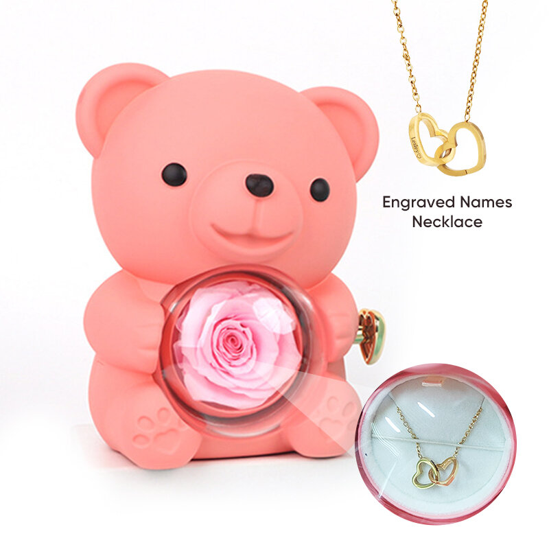 Акриловое ожерелье-Кольцо Медведь Тедди с вечным цветком, упаковочная коробка и ожерелье с надписью Love, с выгравированными пользовательскими словами, коробка для подарка на годовщину или свадьбу