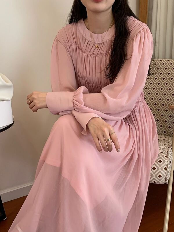 Spring Fashion Women Dress Soft Chiffon Solid Color Long Sleeves Pleated Loose Korean Lady Casual Dresses
