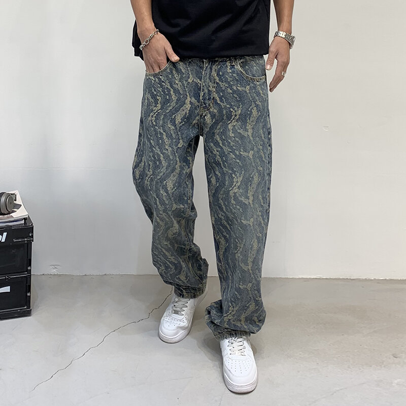 Celana Denim pria, Jeans baru untuk pria Jacquard Full Print longgar gaya lurus Fashion Hip Hop kaki lebar kasual celana panjang Denim