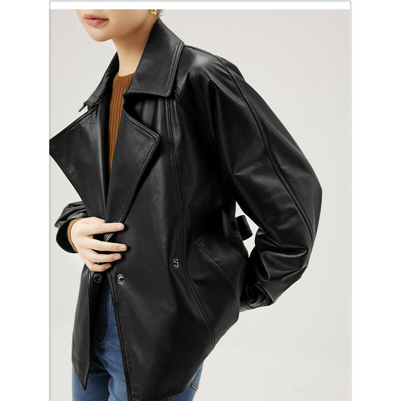 Jaqueta curta de pele de carneiro feminina, casaco de couro genuíno feminino, cool motorcy, tops de cinto, primavera, outono