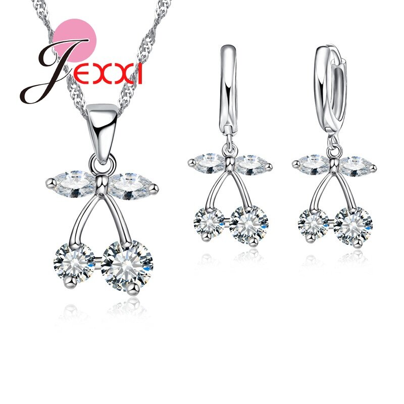 New 925 Sterling Silver Jewelry Set Engagement Wedding Bridal Crystal Rhinestone Flower Round Pendant Necklace Earring Sets