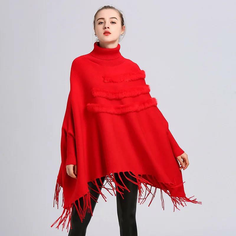 4 Style Winter Hollow Out Knitted Long Sweater Pullover Knitwear Women Capes Batwing Sleeves Circle Faux Fur Loose Poncho Knits