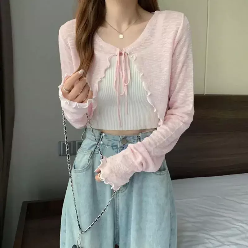 Summer Thin Outerwear Sun Protection Cardigan Ice Silk Knit Women Tops Bow Lace Up Short Suspender Skirt Shawl Airable Shirt