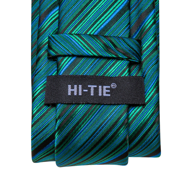 Hi-Tie Designer Striped Peacock Blue Elegant Tie for Men Fashion Brand Wedding Party Necktie Handky Cufflink Wholesale Business