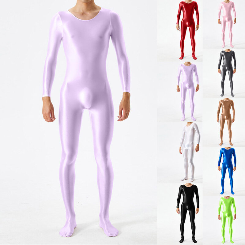 Monos sexys para hombre, Bodystocking brillante de aceite, manga larga, cuerpo completo, Body sólido ultrafino, ropa interior erótica Gay