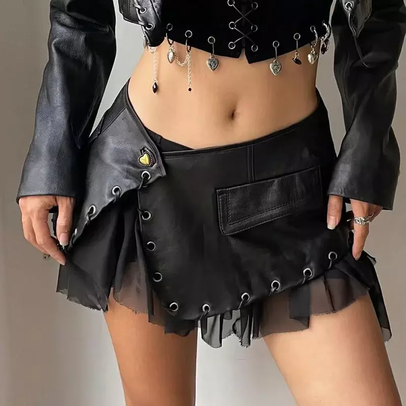 Punkowa sztuczna skóra jednoczęściowa krótka spódniczka Cyber Y2k gotycki z niską talią z rozciętym seksowna spódnica grunge'owym damską nogą z bandażem