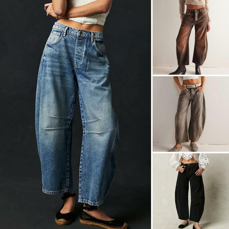Solid Color Jeans Stylish Women's Gradient Color Wide Leg Jeans with Pockets Hip Hop Retro Ankle Length Denim for Ladies