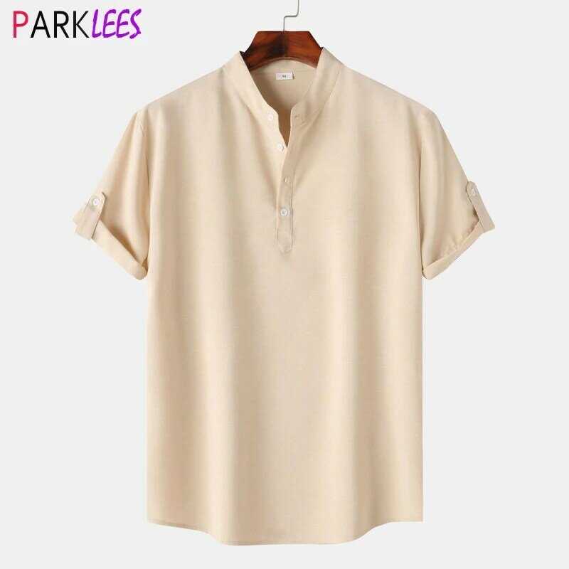 Mens Henley Neck Beach Shirts 2024 Summer Short Sleeve Cotton Linen Shirt Men Casual Breathable Plain Hawaiian Shirt Chemise 3XL