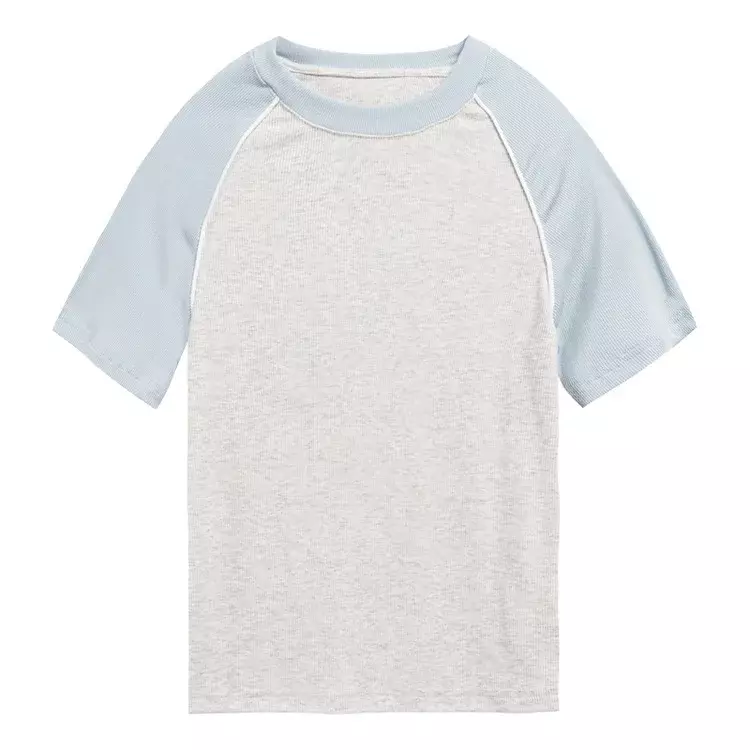 T-shirt justa simples do patchwork para mulheres, gola redonda, emagrecimento, ombro, verão, S060, 2023