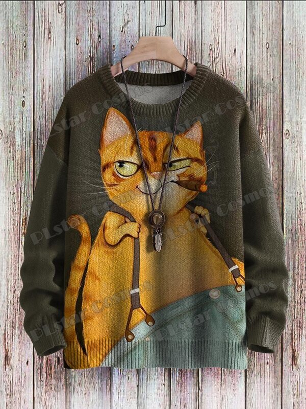 Oil Painting Black Cat & Funny Cat Smoking Art 3D Printed Mens Knitted Pullover Winter Unisex Casual Knit Pullover Sweater ZZM85