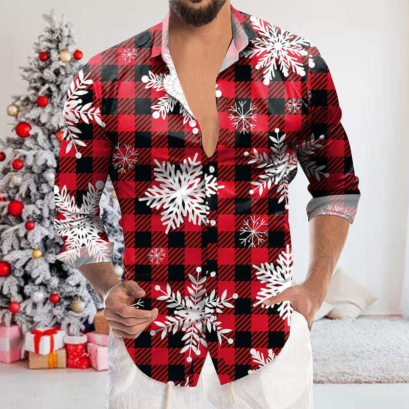 Camisa masculina de botão estampado de Natal, manga comprida, ajuste casual, vestido formal, adequado para quatro estações, feito de poliéster