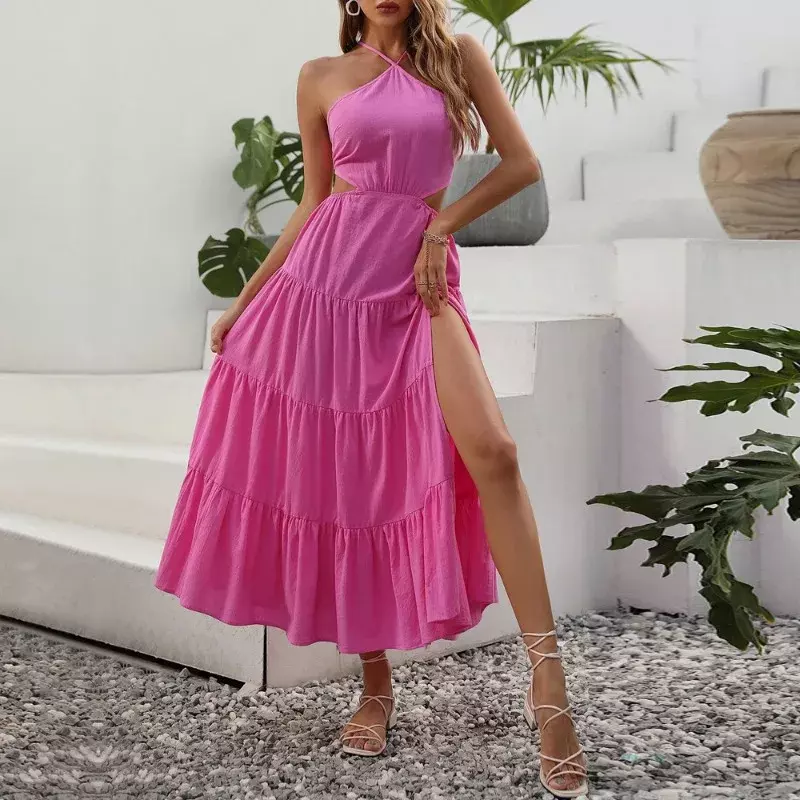 2024 sexy Landschaft Stil offenen Rücken Riemen Eleganz hängenden Hals Kleid rosa Kuchen geteilt lange figur betonte Kleid Frauen Kleidung ysq27