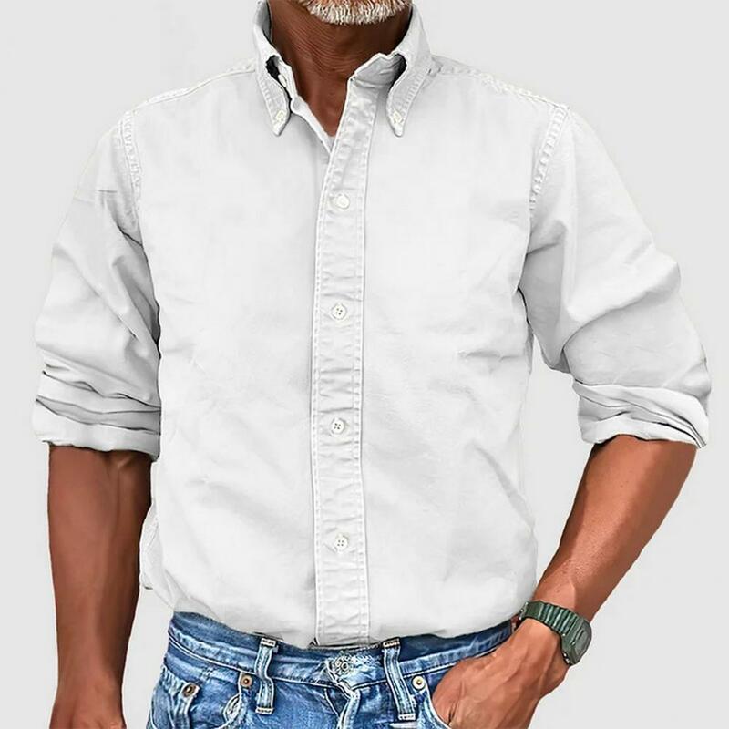 Camisa masculina regular fit, cardigã com gola lapela, slim fit, tecido macio respirável, top de escritório, mangas compridas, elegante, primavera