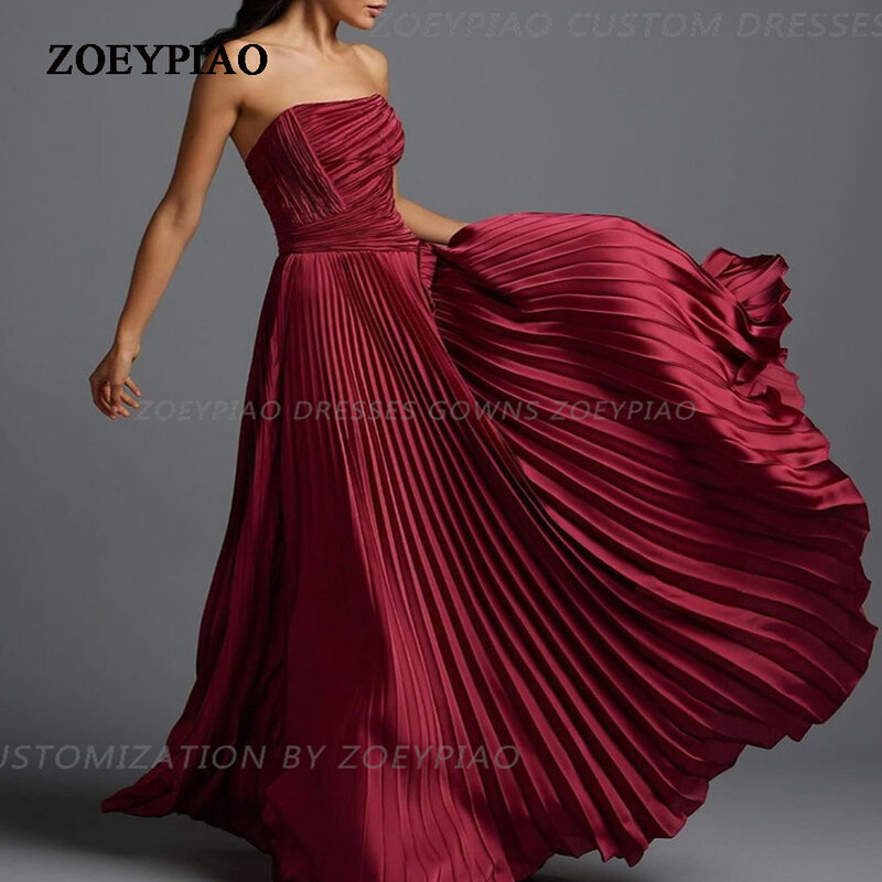 Burgundy Red A Line Prom Evening Dresses Sleeveless Strapless Satin Simple Formal Party Dress Cocktail Gowns Saudi Arabia