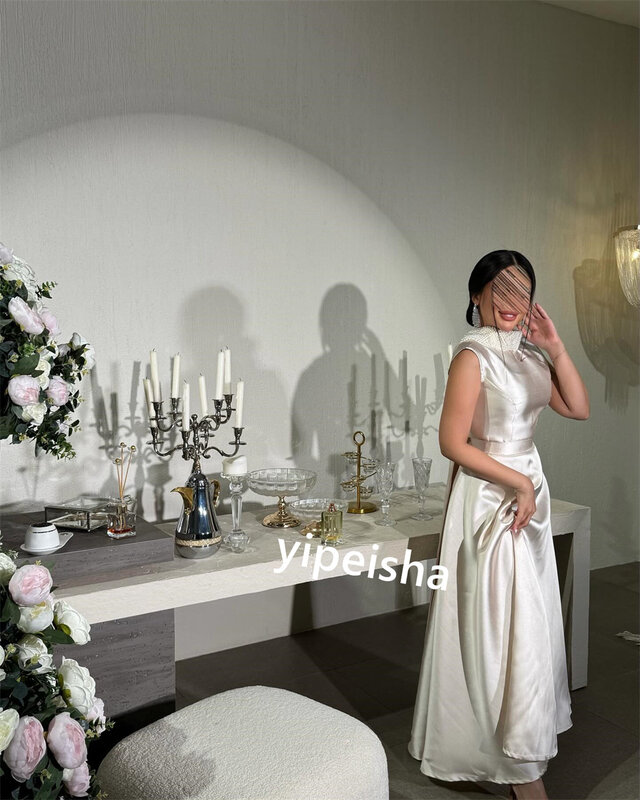 Satin Pearl Engagement Ball Gown High Collar Bespoke Occasion Gown Midi Dresses
