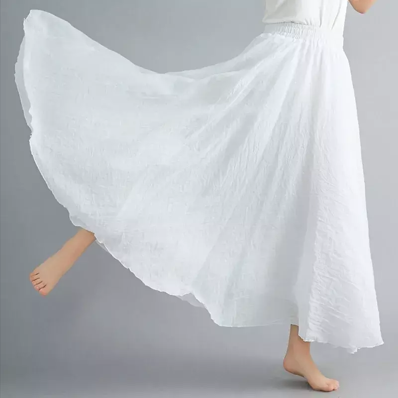 Maxi saia de linho feminina casual para praia boho maxi vintage plissada, longa de algodão Império A-Line, 14 cores, 2024