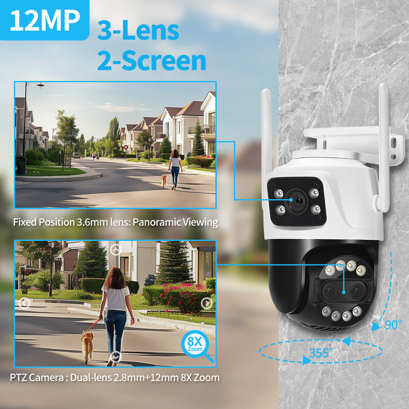 Câmera de vigilância ao ar livre Home Security, 8MP Dual Lens, 2.8mm -12mm, 8X Zoom, 4K PTZ WiFi IP, Rastreamento Humano AI, CCTV Áudio
