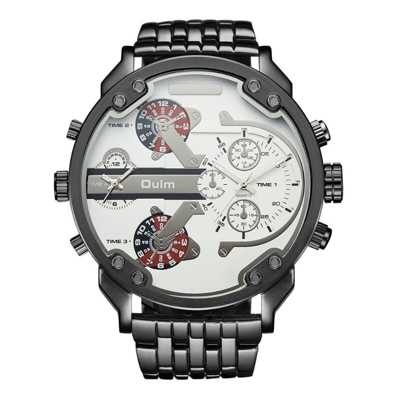 Модные мужские кварцевые часы Oulm с большим циферблатом, полностью из нержавеющей стали 3548, в стиле милитари, стимпанк, с двумя часовыми поясами