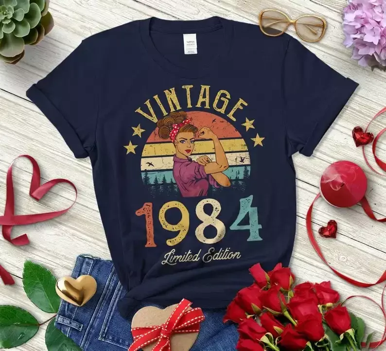여성용 빈티지 1984 한정판 코튼 티셔츠, 레트로 여성 티, 재미있는 38 번째 생일 O넥 셔츠, 패션 의류 상의