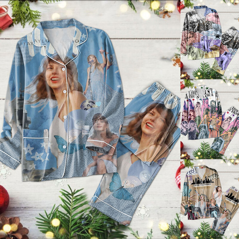 Sky Blue Taylor Print  Pajamas For Women 1989 New Family Matching Outfit Long Sleeve Shirt And Pants Holiday Homewear Sleepwear