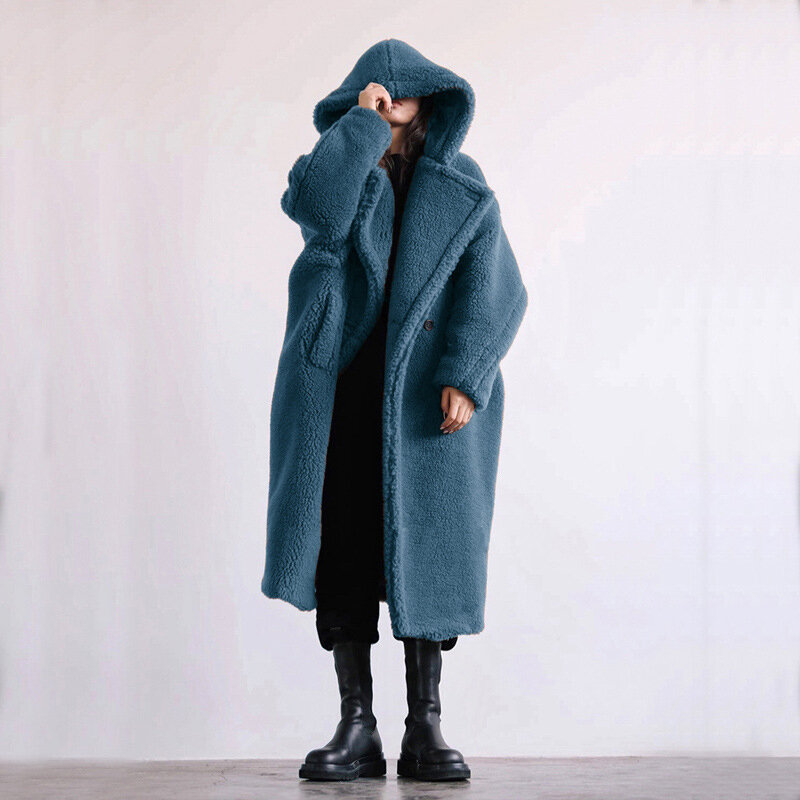 女性用フェイクファーフード付きコート、ロングラムファーコート、ビッグラペルオーバーコート、厚手で暖かい、女性用アウター、高品質、大型、冬