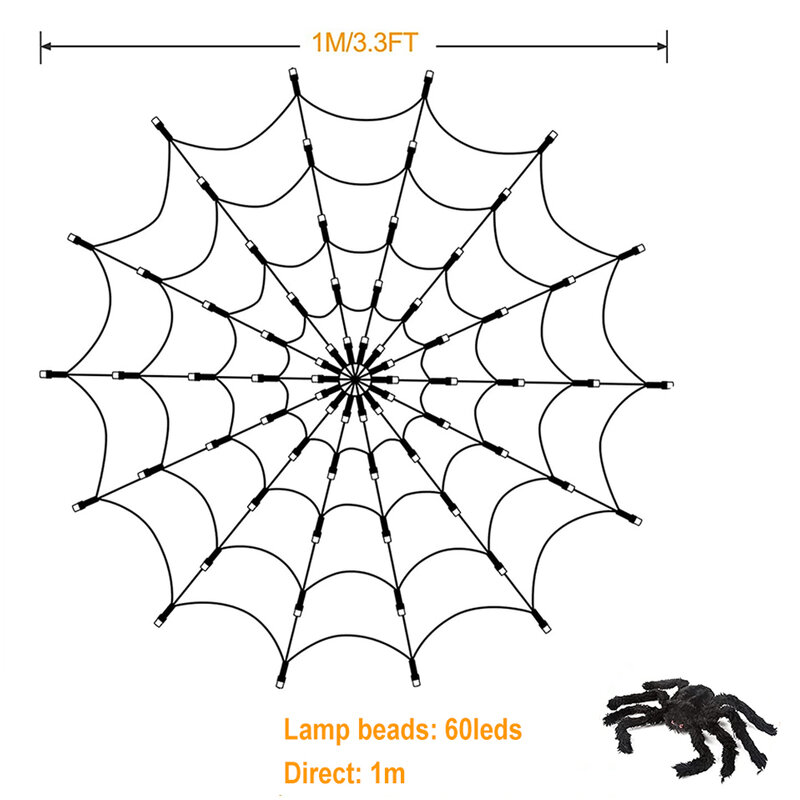 Dia 1M 60/70LEDs Halloween Laba-laba Cahaya Web String DIY Laba-laba Cahaya Dinding Web untuk Natal Tahun Baru Pesta Rumah Dekorasi Teras