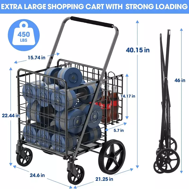 Heavy Duty Foldable Utility Utility Cart, Atualização enorme carrinho de supermercado sobre rodas, 450lbs Capacidade