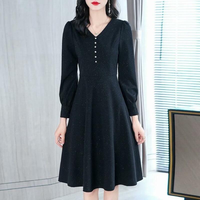 Mode Büro Lady Schwarze Dünne Lange Ärmeln Kleid Herbst Einfarbig V-ausschnitt Popularität Schlanke Bequemen frauen Kleidung 2022