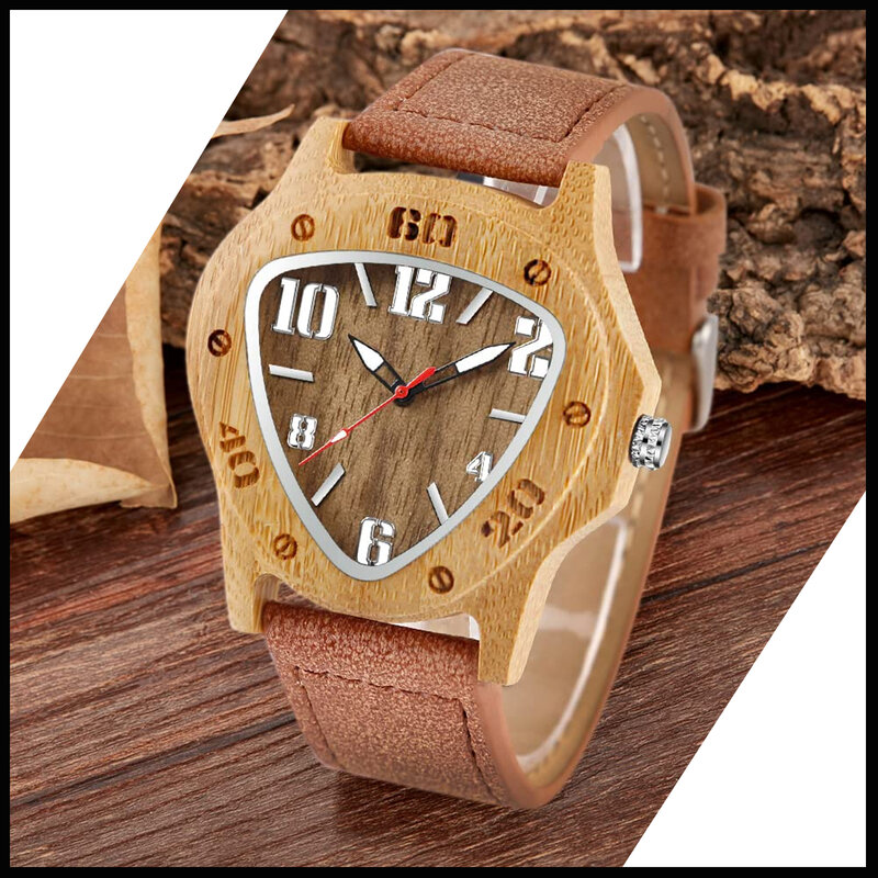 Reloj analógico de cuarzo con correa de cuero para hombre, cronógrafo de madera con esfera triangular, color marrón, a la moda