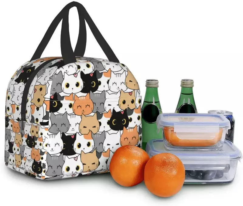 حقيبة غداء بطباعة قطة لطيفة ، حقيبة حرارية مع مقصورة واسعة ، مقبض مدمج ، محمول ، نساء ، أولاد ، بنات