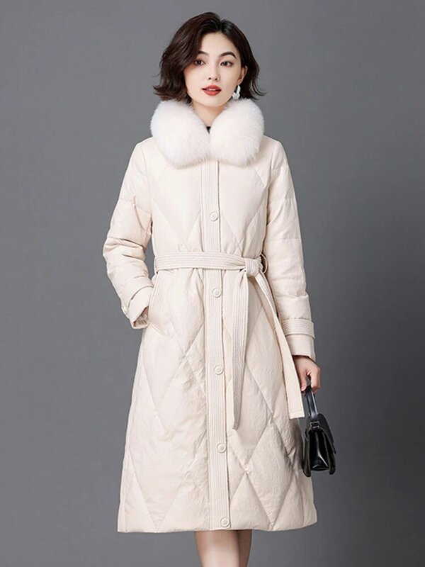 Nieuwe Vrouwen Winter Leren Down Coat  Mode warme echte vos bont kraag schapenvacht Down Jacket Casual Lange Bovenkleding Gespleten Leer