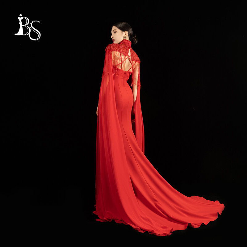 Bruiloft Banket Rode Avondjurk Lange Rok Vrouw Afneembare Cape Tweedelige Set Elegante Prestatie Kleding 915-1 #