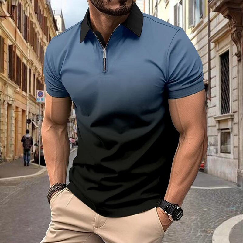 Camisa polo de manga curta masculina, camisa estampada simples, camisa respirável casual, lapela de negócios, nova moda, verão, 2024