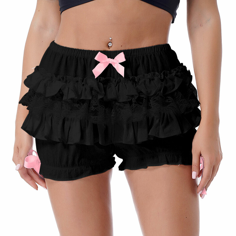 Womens laço guarnição em camadas plissado bloomers lolita contornado shorts elástico cintura bowknot decoração babados calcinha para vestido