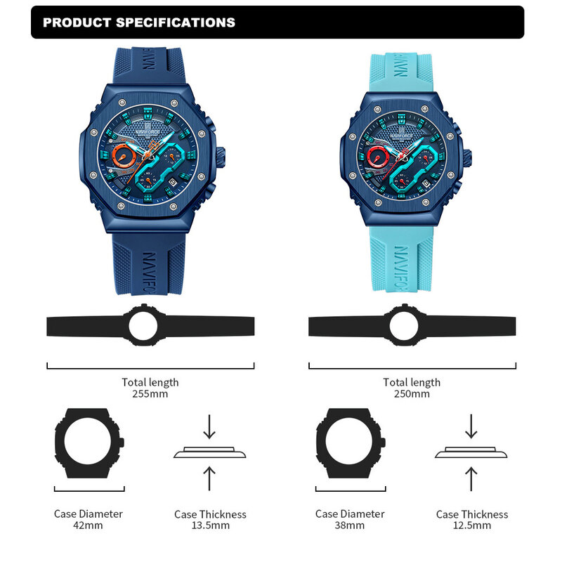 Nowy NAVIFORCE wodoodporny zegarki damskie męskie kwarcowy zegarek na rękę z luksusowym silikonowym paskiem świecący zegarek dla miłośników dłoni