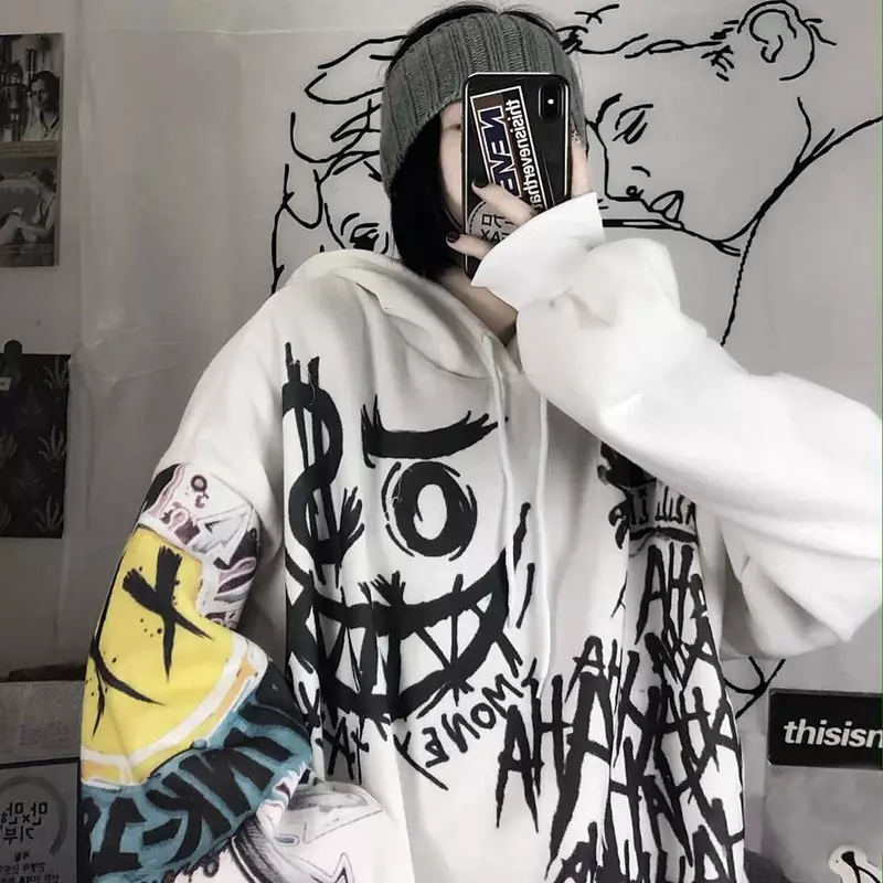 Hoodies punk engraçado japonês feminino, desenhos animados góticos, hip hop, moletons com capuz extragrandes, capuz feminino de manga comprida, outono
