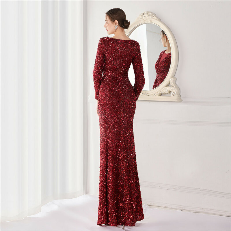 Sladuo sexy elegante Frauen Pailletten Langarm V-Ausschnitt Quaste Bodycon Maxi Split Kleid Party Abendkleid Abendkleid