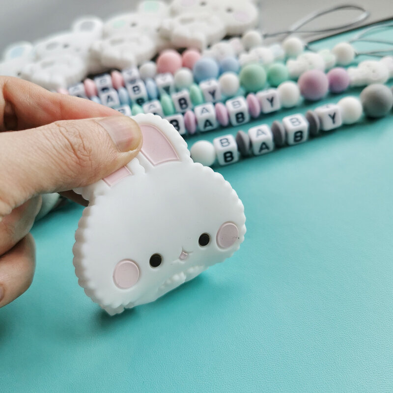Cadenas de chupete de conejo de silicona para bebé, mordedor de juguete personalizado con nombres del alfabeto inglés y ruso, Clips colgantes de cuentas, regalos creativos Kawaii