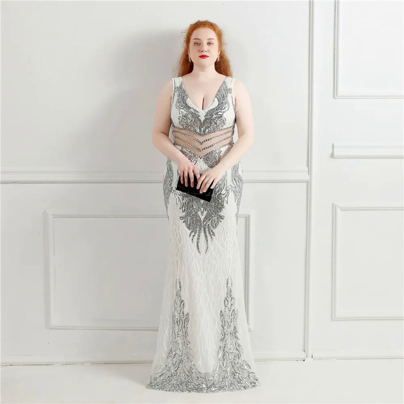 Slatuo Women's Plus Size Sequin Deep V-Neck Sleeveless Sexy Waist Transparency Bodycon Maxi Evening Prom Dress