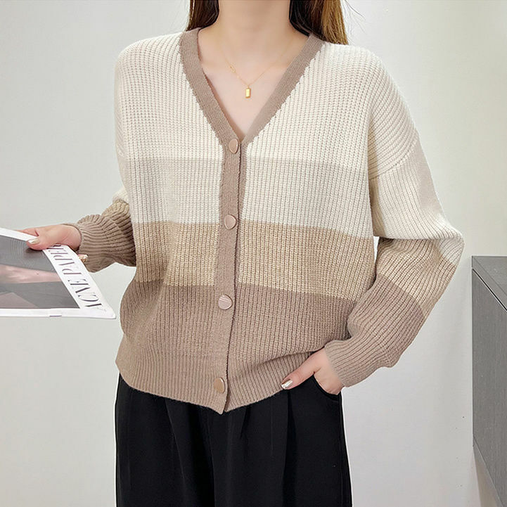 Suéter feminino de grandes dimensões listrado com decote em v, cardigã tricotado, casaco top, roupas para primavera e outono