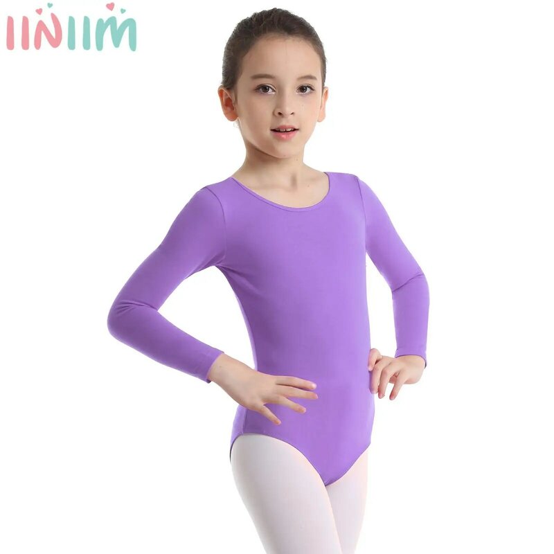 Kids Girls Basic Ballet Dance Exercise Leotards Gymnastics Long Sleeve Bodysuit Dancewear Solid Color Training Workout Unitards