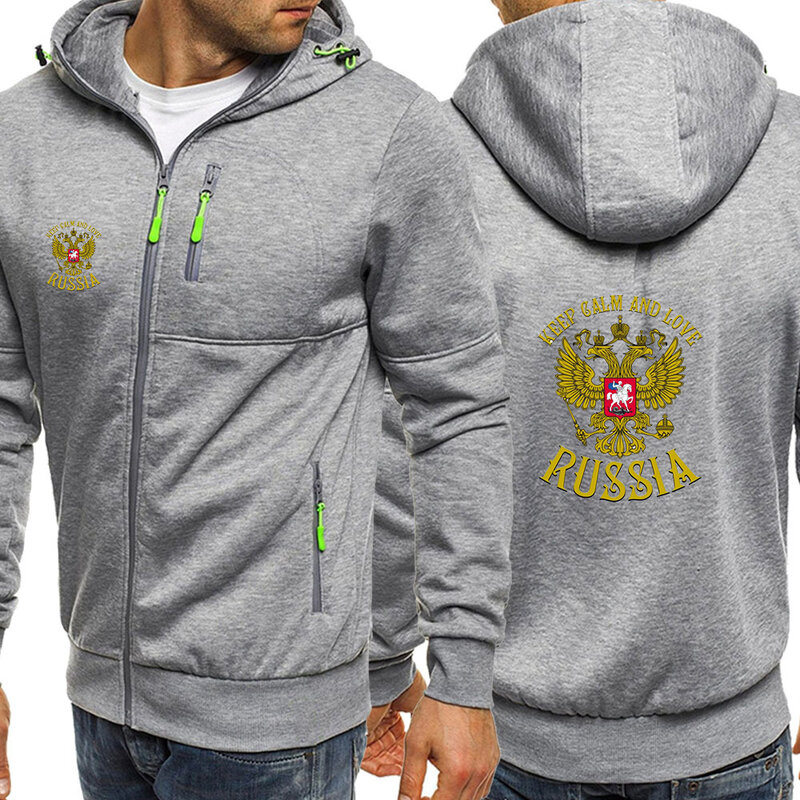 Russia Badge Gold Eagle Printed Harajaku Men Sports Sweatshirts Long Sleeve Zipper Cotton Male Winter Hoodies Casual Sweatshirts