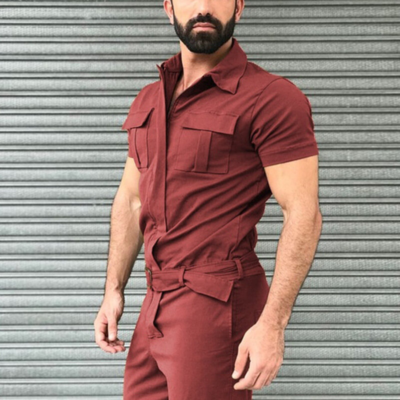 Baju jumpsuit kasual pria, baju terusan polos satu potong musim panas musim semi modis lengan pendek dengan sabuk untuk pria