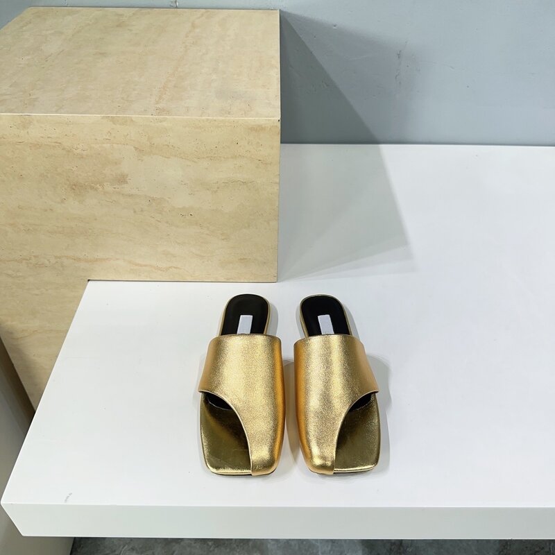 Женские туфли, летние Кожаные полуботинки в минималистичном стиле с квадратным носком, модные боковые тапочки на плоской подошве