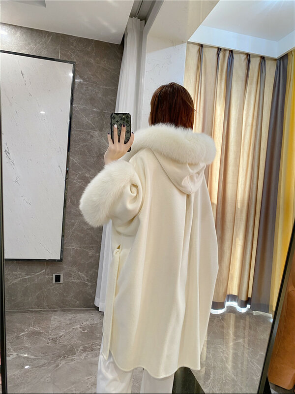 Abrigo de lana de Cachemira para mujer, chaqueta de gran tamaño con cuello de piel de zorro Natural, puños con capucha, 2023
