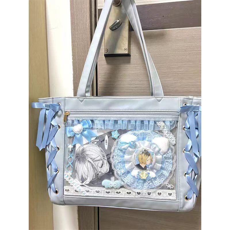 Xiuya Blue Womens Shoulder Bag Leather Sweet Lolita Jk Elegant Cute Casual Ita Bag Japanese Style Transparent Fashion Handbag